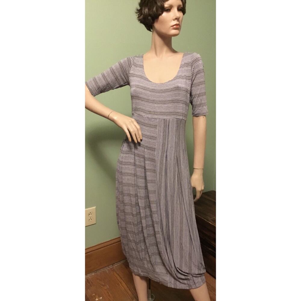 Lilith Blue/Black/White Striped Jersey Half Sleeve Bubble Hem Midi Dress